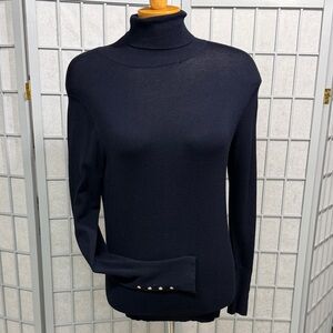 Zara Navy Turtleneck Sweater with Gold Button Accents, Size Large